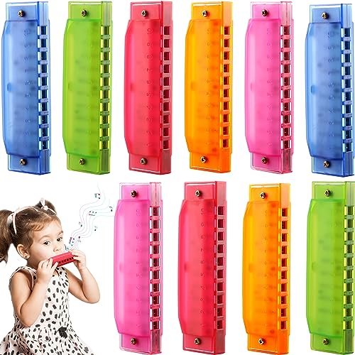 10 Pcs Kids Harmonica 10 Hole Translucent Harmonica Plastic Harmonica Toys Musical Instruments for Beginner Children Birthday Party Favor, 5 Colors