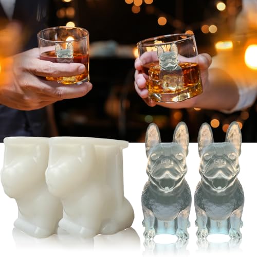 Siuper 3D French Bulldog Ice Cube Molds Tray Silicone for Whiskey, Cocktail, Coffee Juice Drink; Fun Animal Shape, Christmas Gifts for Bulldog Lovers, Women, Kids; Chocolate Epoxy Resin Molds 2 Pack