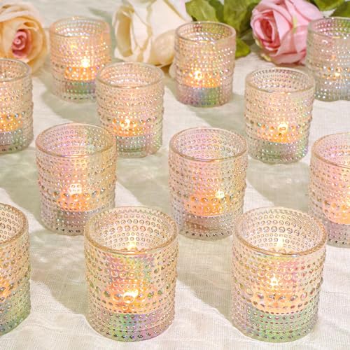 SUPMIND 24 Pcs Votive Candle Holders, Iridescent Glass Holders Bulk for Table Centerpiece, Tea Lights Candle Holders for Wedding Shower, Party and Home Decor