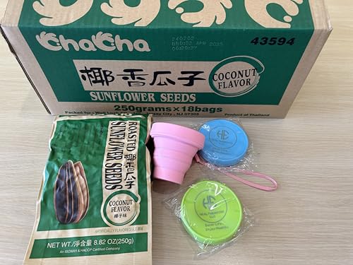 ChaCha Sunflower Seeds Coconut flavor (pack of 18) and 3 HealthEmpire Silicone Foldable Storage Shell Cup