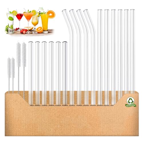 Glass Straws Drinking Reusable 20 Pack,Size 8.5''x10MM, 8.5’’x8MM and 6''x10MM,Glass Straws Shatter Resistant Including 12 Straight and 4 Bent with 4 Brushes, Reusable Glass Straw for Cocktail,Juice