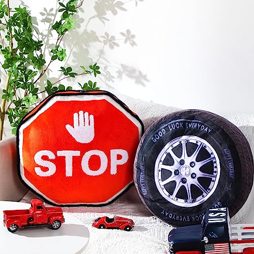 Woanger 2 Pcs Racing Pillow Room Decorations Set 15.7 Inch Big Creative 3D Simulation Wheel Pillow Funny Cone Traffic Light and Stop Sign Soft Race Car Tire Plush for Kid Room(Stop Sign)