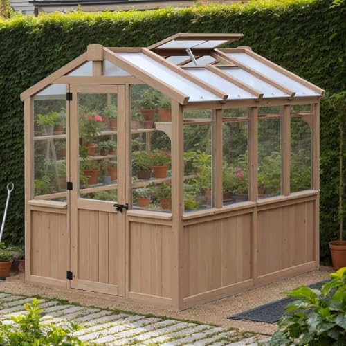 Wooden Walk-in Greenhouse for Outdoor - 6mm Polycarbonate Panels & Lockable Doors with Adjustable Vents, Year-Round Plant Protection, Light Mocha Brown (Light Mocha Brown, 6x8 FT)