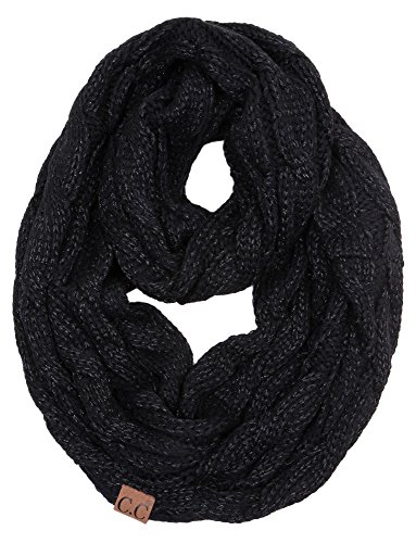 Funky Junque Women's Super Soft Infinity Scarf, Warm Ribbed Cable Knit for Fall and Winter - Metallic Black