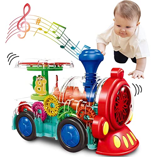 Tooty Toy Transparent Sensory Train Toy - Fun and Interactive Toy for Kids - Music Train with LED Light up - Colorful Moving Gears -Tummy Time Crawling Baby Toys - Birthday Gift Idea for Boys & Girls