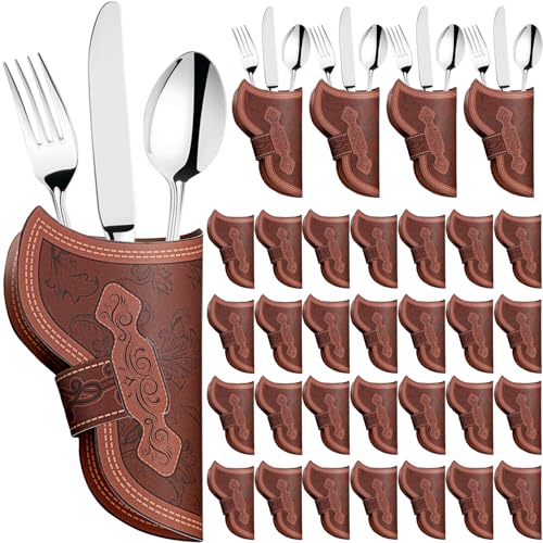 Newtay Cowboy Holster Silverware Holders Cardstock Western Party Tableware Supplies Cutlery Sleeve Knife and Fork Holder Vintage Utensil Holders for Western Rodeo Party Favors(24 Pcs)