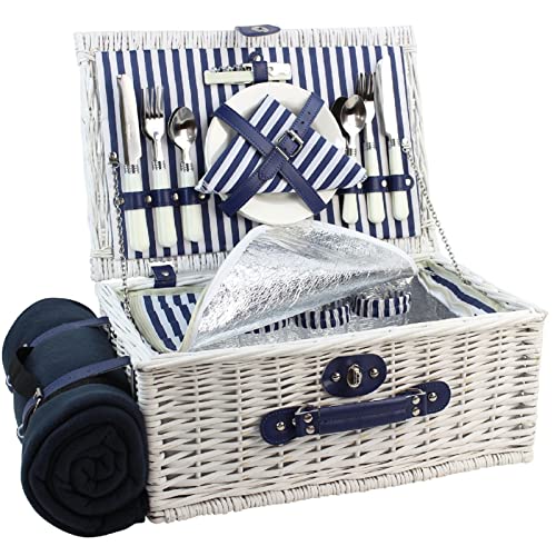 Picnic Basket Willow for 4 Persons, Large Wicker Hamper Set with Big Insulated Cooler Compartment, Fleece Blanket with Waterproof Backing and Cutlery Service Kit- Fashionable White Washed Color