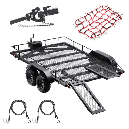 AMK RC Trailer, Metal 1/8 1/10 RC Car Trailer with Installation Manual for Hauling Behind Cars with Truck Hitch and Receiver Crawler Towing Strap Builder Kit for Axial SCX10 90046 TRX4 TRX6 Gen7 Gen8