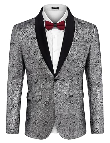 COOFANDY Mens Floral Tuxedo Jacket Paisley Shawl Lapel Suit Blazer Jacket for Dinner,Prom,Wedding Silver