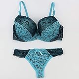 Swbreety Women's Sexy Lace Bra Set Deep V Padded Bra and Thong Underwear Blue