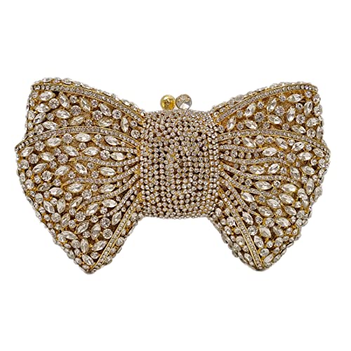 HUANG ZHUANG Bowknot Luxury Crystal Clutch Women Glitter Rhinestone Evening Bag for Party Wedding(Gold)