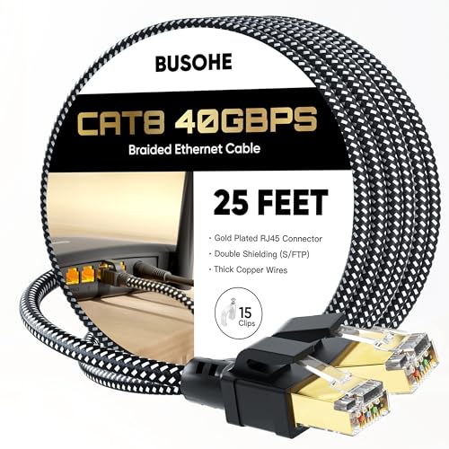 BUSOHE Cat 8 Ethernet Cable 25 FT, High Speed 40Gbps 2000Mhz Braided Network Internet Cable with Gold Plated RJ45 Connector, Heavy Duty LAN Cable S/FTP UV Resistant for Router/Gaming/PC, 15 Clips