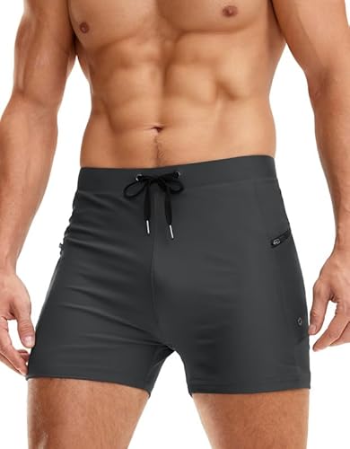 Men's Swimsuit Trunks with Zipper Pockets Quick Dry Swimwear Bathing Suit Swim Briefs Board Shorts for Men(Dark Grey,XL)