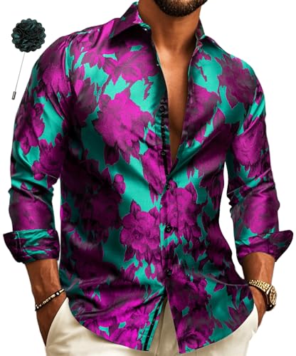 Teal Mens Silk Shirt Floral Paisley Shirts for Men Victorian Steampunk Gothic Designer Disco Western Casual Mexico Cowboy