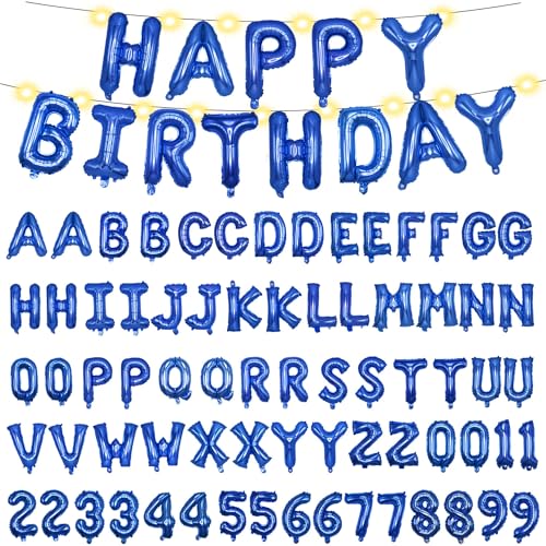 [85 PCS] 16" Foil Personalized Name Happy Birthday Balloons Letters, Mylar Aluminum Custom Name and Age Letter Balloons, 2 Sets A- Z & 0-9 for Birthday Party Graduation Wedding Holiday Event (Blue)