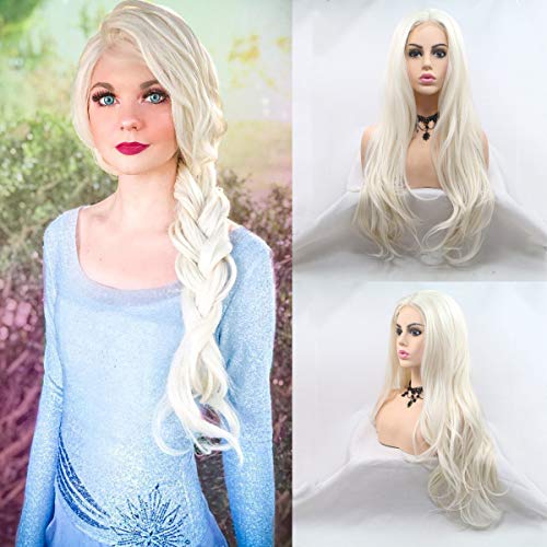 xiweiya White Blonde Synthetic Blonde Lace Front Wigs Long Body Wave Hair White Queen Heat Resistant Fiber Wig High Density Hair-reparement Wig for women