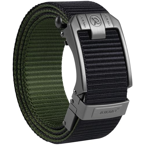 JUKMO Men's Reversible Ratchet Belt - 2 Styles in 1, No-Hole Adjustable Web Belt for Golf, Business & Everyday Wear Black/Army Green S