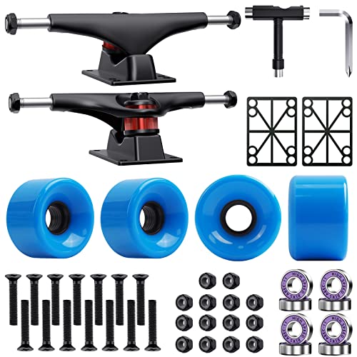 Jizmo Skateboard Trucks, High Rebound Skateboard Cruiser Wheels 60mm, Skateboard Bearings ABEC-11, Skateboard Tool, Skateboard Pads, Skateboard Hardware Combo Starter Set(Blue)