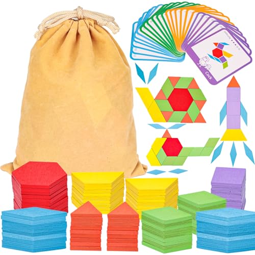 LovesTown 209 PCS Wooden Pattern Blocks, Geometric Shapes Blocks Pattern Blocks with Cards Tangram Puzzles for Kids Educational Tangram Toys