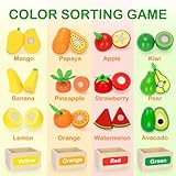 TooyBing Wooden Play Food Toy Set for Kids Kitchen - 30 Pcs Montessori Cutting & Color Sorting Fake Fruit Accessories with 4 Boxes, Play Toys for Toddlers 3, Birthday Gifts for Boys Girls