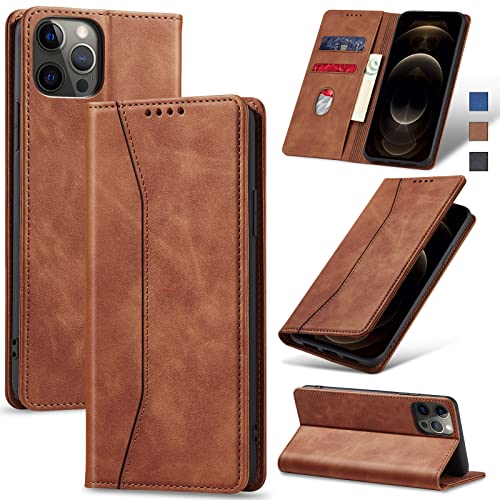 Jasonyu Flip Wallet Case for iPhone 12 Pro Max,Leather Magnetic Folio Cover with Card Holder,Kickstand - TPU Shockproof Durable Protective Phone Case,Brown