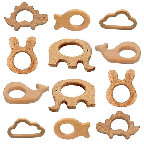 OSTTRPO 12-Pcs Baby Teether Toys,Wooden Teethers for Babies - Wooden Animal Toys, Teething Rings, Toddler Chew Toys，Baby Teething Rings and Wooden Teether Set-Suitable for Children Over 36 Months