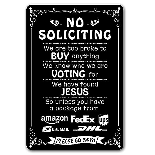 Humorous No Soliciting Sign for Front Door - Funny "We're Voting for Jesus" Metal Sign for House - Perfect Decorative Sign to Discourage Unwanted Visitors, 8 x 12 Inch (269)