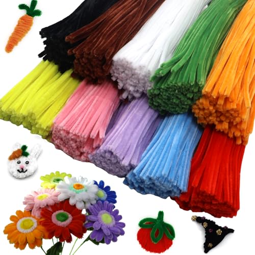 Cldamecy 1000 Pcs Craft Pipe Cleaners Set in 10 Assorted Colors,Fluffy Pipe Cleaners Chenille Stems for Holiday DIY Decorations,Art & Craft Projects (6mm x12 inch)