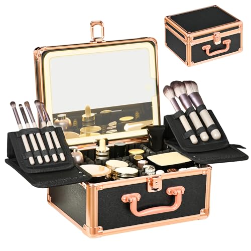 GALHUBIS Makeup Case with Lighted Mirror, Makeup Box Organizer with Detachable LED Mirror, Travel Makeup Train Case, Waterproof Cosmetic Organizer, Standing Brush Holder, Gift, Black Gold