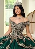 DXUOPL Royal Blue Off Shoulder Quinceanera Dresses with Train Gold Appliques Ball Gown Luxury Tassel Prom Dress Glitter Tulle Puffy Pageant Dress Bow Dresses Size 04