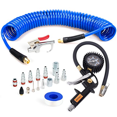 FYPower 18 Pieces Air Compressor Accessories kit, 1/4 inch x 25 ft Recoil Poly Air Compressor Hose Kit, 1/4" NPT Quick Connect Air Fittings, 100 PSI Tire Inflator Gauge, Heavy Duty Blow Gun