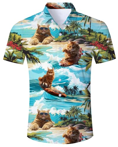 ALISISTER Hawaiian Shirt for Men Funny Novelty Cat Tropical Palm Tree Graphic Short Sleeve Button Down Tops Summer Vacation Clothes