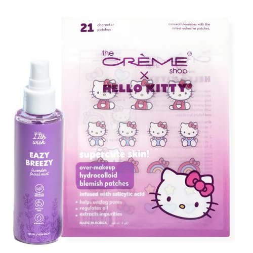 Glam Lux Beauty Bundle Made in Korea K- Beauty The Creme Shop X Hello Kitty Pimple Patches Hydrocolloid Acne Patch for Zits Blemeshes & Hydrating Lavender Facial Mist Spray Acne Remedy