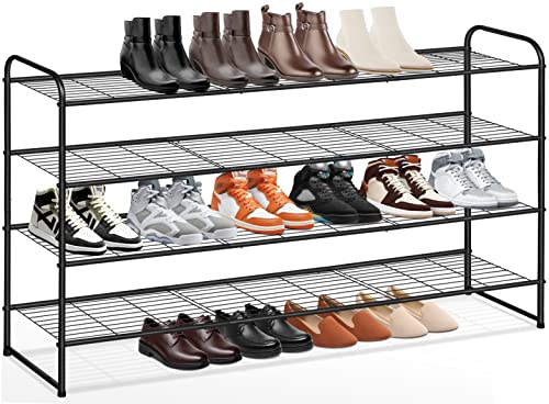 KEETDY 4-Tier Long Shoe Rack for Closet, Wide Shoe Organizer for Closet Floor Storage, Stackable Shoe Rack for Entryway Metal Shoe Shelf for 30 Pairs Men Sneakers with Wire Grid for Bedroom, Black