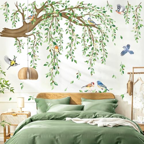 decalmile Spring Large Hanging Vine Wall Decals Green Leaf Tree Branch Flower Birds Wall Stickers Living Room Tv Background Bedroom Wall Decor
