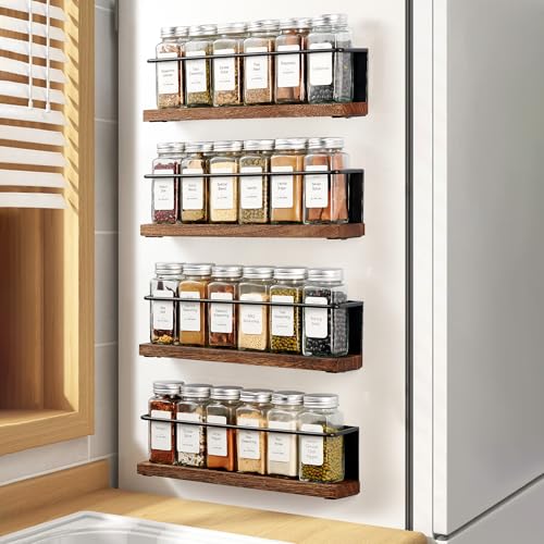 KitHero 4 Pack Strong Magnetic Spice Rack Organizer for Refrigerator and Microwave Oven, Metal Fridge Shelf, Space Saver for Kitchen Organization and Storage, Black