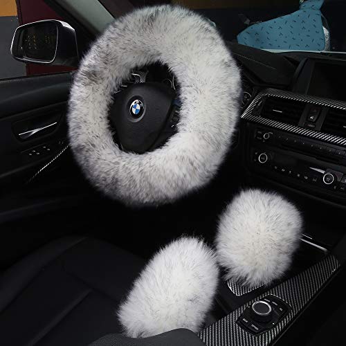 3Pcs Set Fashion Fluffy Fuzzy Wool Fur Soft Car Steering Wheel Cover with Handbrake Cover & Gear Shift Cover for Women/Girls/Ladies Auto Long Wool Accessories