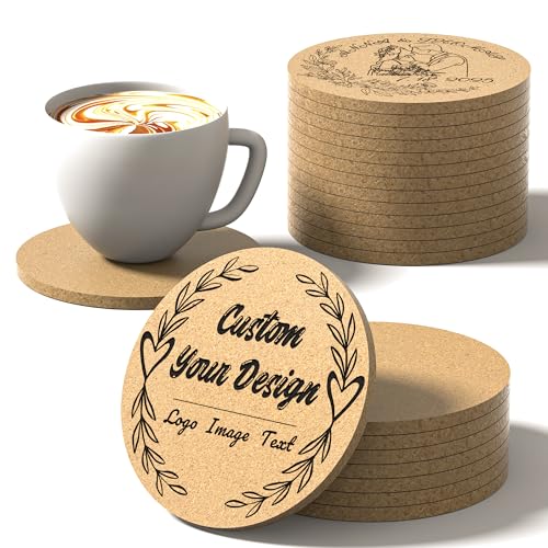 30-100 Pcs Personalized Cork Coasters, Laser Engraved Customize Own Logo Image Text, Non-Slip Heat-Resistant Custom Cork Bar Drink Coasters for Wedding Personalized Gifts