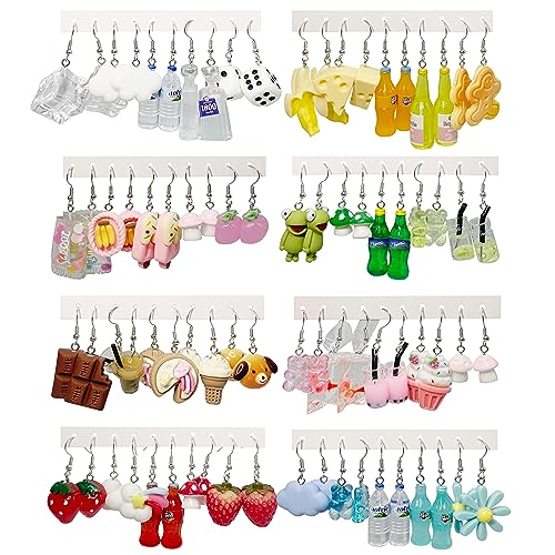 EIELO 40 Pairs Cute Funny Weird Earrings Boba Water Bottle Pearl Milk Tea Food Gummy Bear Fruit Mushroom Goldfish Earring Set Cute Funny Dangle Drop Earrings for Women