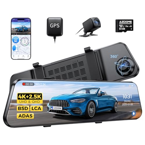 AZDOME PG17 Max 4K+2.5K Mirror Dash Cam with ADAS, BSD and LCA, 12" Rear View Mirror Camera with 5GHz WiFi and Voice Control, Rearview Mirror Backup Camera Includes 64GB Card, GPS, Parking Monitor