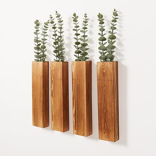 Mokof Wood Wall Planters with Artificial Eucalyptus, Modern Farmhouse Wall Decor for Living Room, Bedroom, Bathroom, Wooden Pocket Hanging Wall Vase with Faux Plant Decor (4 Pack)