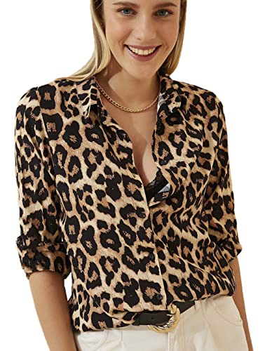 Blouses for Women Fashion, Casual Long Sleeve Button Down Shirts Tops, XS-3XL (Leopard Print, XX-Large)