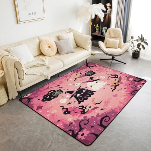 jejeloiu Happy Halloween Living Room Rugs Cute Ghost Groovy Decorative Carpet for Kids Boys Girls Teens Purple Sweet Area Rug 5x7 Spiderweb Indoor Floor Mat