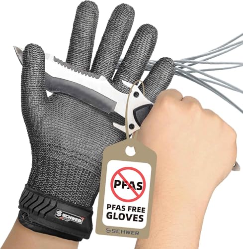 Schwer Ultimate Cut Resistant Gloves Beyond ANSI A9, Reinforced Stainless Steel Glove, Food Grade Mesh Metal Gloves for Butcher Meat Cutting, Oyster Shucking, Mandoline, PFAS Free, PR1708 (L, 1 PCS)