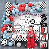 KELENO 134 Two Fast Birthday Decorations Race Car Party Supplies for 2 Year Old Boy Racing Balloon Garland Arch Kit Backdrop Tablecloth Box Crown Wheel Checkered Balloon 2nd Two Fast Birthday Decor