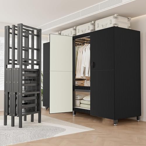FPIGSHS Heavy Duty Clothes Rack with Magnetic Door 2000LBS Foldable Portable Wardrobe Closet for Hanging Clothing Rolling Garment Rack on Wheels for Bedroom Closet System (A（Black Door）, 49.2in)