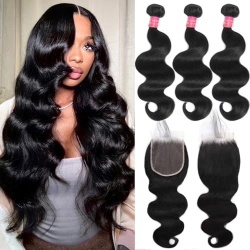 12A Human Hair Bundles with Closure Body Wave 24 26 28+20 Inch 5x5 HD Frontal Body Wave Bundles Human Hair Real 100% Raw Unprocessed Brazilian Virgin Sew in Quick Weave Natural Black Deals