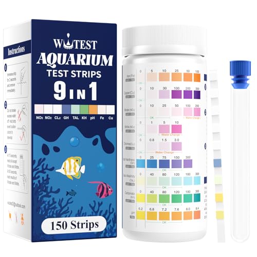 Wutest 9-Way Aquarium Test Strips - 150 Aquarium Water Test Kit Fish Tank Test Kit Quick & Accurate Testing Iron Copper Nitrate Nitrite Chlorine Total Hardness Total Alkalinity Carbonate pH