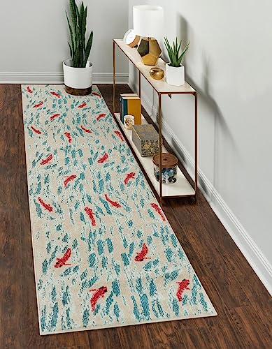 Unique Loom Positano Collection Coastal Modern Bright Colors Fish Beige Runner Rug (3' x 10')