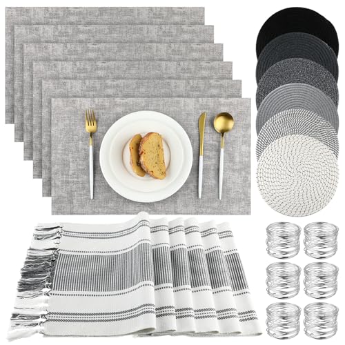 Xuhal 19 Pcs Table Runner Placemat and Napkin Ring Set Modern Woven Macrame Runner with Tassel 11.8 x 106.3'' Round and Rectangle Table Mat for Fall Halloween Christmas Wedding Dining Decoration(Grey)